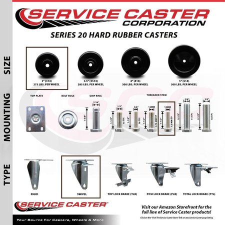 Service Caster 3 Inch Hard Rubber 10 MM Threaded Stem Caster Set 2 Brakes SCC SCC-TS20S314-HRS-M1015-2-PLB-2